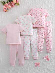 Genkimix Kids Bộ đồ ngủ ngắn tay ôm sát 6 món cho bé gái, in hình nơ và trái tim, co giãn, có thể giặt máy, thoải mái khi mặc, 3 bộ bán riêng lẻ. - Hồng - Xem 2