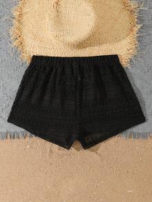 SHEIN Teen Girl Black Hollow Lace Beach Shorts,Summer New Breathable Sunscreen Cover Pants,Elastic Drawstring Waist,Holiday,Vacation,Fashionable Dressing - Black - View 2