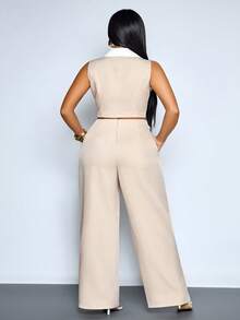 SOLERSUN Women's Elegant Color Block High-End Cropped Sleeveless Blazer Jacket & Low-Waisted Wide Leg Pants Two Pieces Set (Beige), Suitable For Business, Commute, And Daily Office Wear - Apricot - View 4