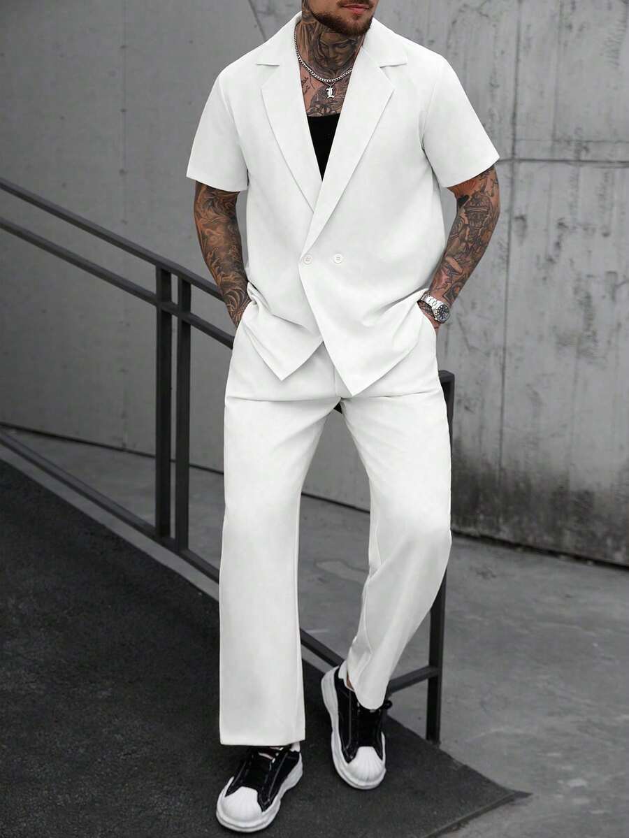 Manfinity CasualCool 男士休閒純色翻領短袖襯衫與長褲套裝,極簡百搭,適合春夏秋季,正式場合適用 - 白色 - 查看 1