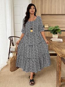 SHEIN LUNE Black And White Polka Dot Crewneck Midi Dress,Plus-Size Women's Summer Boho Vacation Holiday Dress For Casual,Daily Wear,Office And Parties - Black and White - View 4