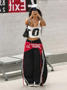 SHEIN 女士字母条纹图案阔腿宽松休闲牛仔裤 - 黑色 - 查看 6