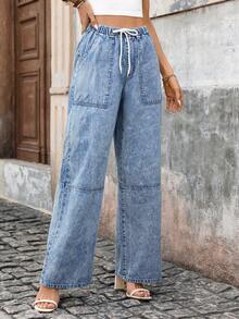 Breezaya Women's Drawstring Waist Pocket Casual Versatile Daily Wear Wide Leg Jeans - Blue - View 4