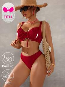 Swim DD+ 女款紅色夏季比基尼套裝，打結式兩件式泳衣，適合海灘度假與假期，純色蝴蝶結泳衣，附可拆式胸墊，度假穿著 - 紅色 - 查看 6