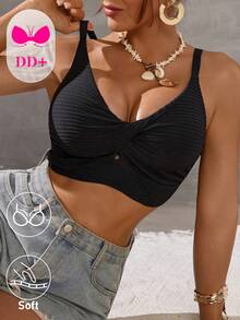 Swim DD+ 2026春夏女士沙滩装，女士泳衣上装，单件装，优雅浪漫性感打结装饰，适合海滩度假，波西米亚风精准条纹纹理面料，DD+丰满专属，聚拢支撑钢圈，聚拢模杯，舒适宽肩带，比基尼上装，黑色，性感奢华，优雅知性，浪漫假期，2026春夏女装新品，新年，情人节，返校季，旅行季，适合度假、海滩、下午茶野餐、派对、日常穿着、居家休闲、户外运动，时尚穿搭，女士两件式泳衣，女士泳装，女士两件式泳衣，泳衣上装，泳装 - 黑色 - 查看 6