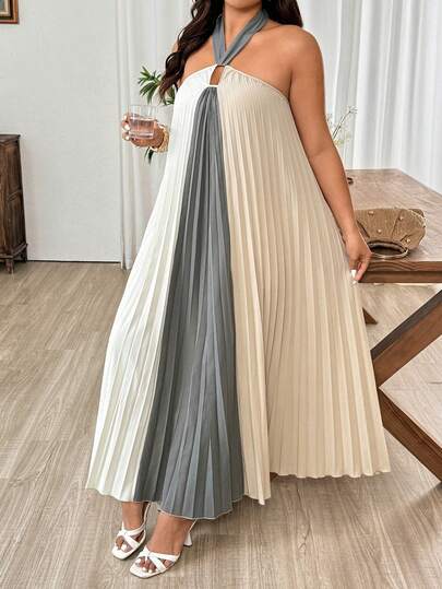 Weeklong Vestido casual de fiesta o vacaciones con pliegues, cuello halter y lazada para mujer talla grande