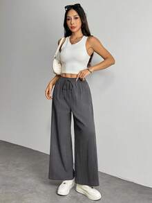 SHEIN PETITE 亚麻休闲卡其色七分裤，女士秋季工作裤 - 深灰色 - 查看 5