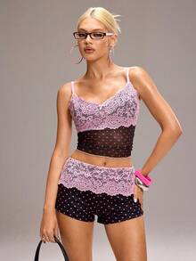 Y2Kool Vecteezy Top de tirantes casual con contraste de lunares en negro y rosa, encaje, malla y lazo, estilo Y2K, adecuado para primavera/verano, fiestas, vacaciones, playa, deportes y uso diario - Rosa - Ver 7
