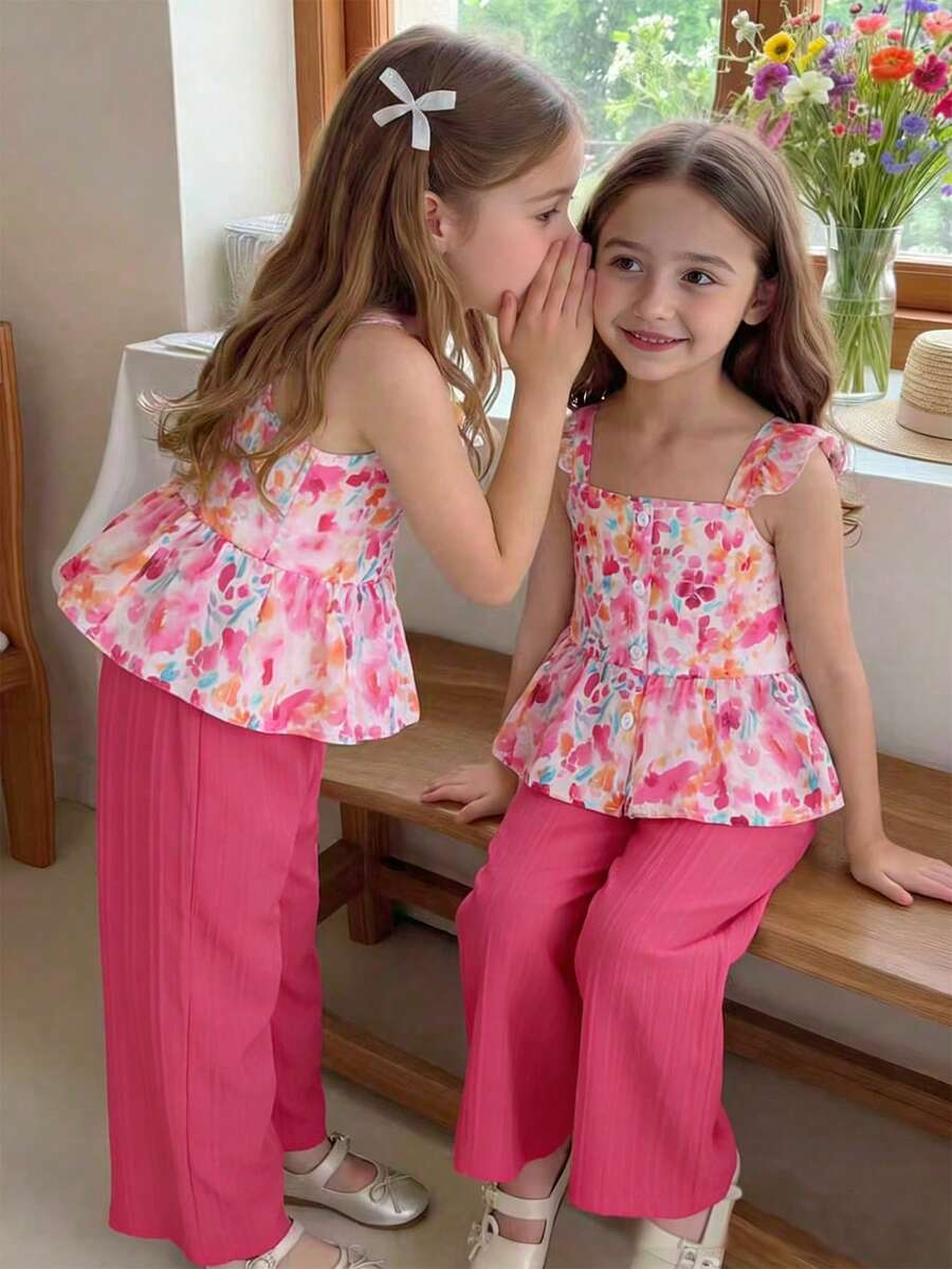 SHEIN Vintaside Kids 两件套少女甜美公主风碎花吊带背心和阔腿裤套装，肩带/下摆双层蕾丝花边，面料柔软舒适，适合日常穿着、派对、生日庆祝、露营、返校等场合。 - 玫紅色 - 查看 1