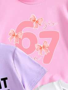 3pcs/Set Girls Casual Bow, Letter & Number 67 Print Round Neck Short Sleeve White, Pink, Purple T-Shirts, Fashionable & Cute Girls Summer Tops With Bow, Letter Elements - Pink - View 5