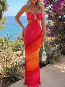 Aloruh 女士扎染印花金属装饰镂空连衣裙，适合度假、夏季穿着，是夏季沙滩装、波西米亚热带风情度假女装、碎花连衣裙、性感夏季装扮、沙滩装扮和夏季时尚女装的理想之选。 - 淡黃色 - 查看 2