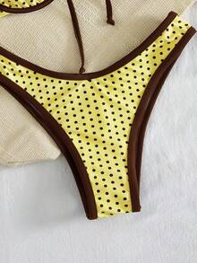 Bộ bikini 2 mảnh Swim Mod mới về dành cho nữ, kiểu dáng thanh lịch retro Y2K, dễ thương, năng động, thích hợp cho mùa hè, màu vàng chủ đạo phối chấm bi nâu. Áo bikini kiểu balconette nhún bèo với nơ phía trước, viền nâu tương phản và dây đeo có thể điều chỉnh. Quần bikini cạp cao, chất liệu co giãn mềm mại, lý tưởng cho kỳ nghỉ hè, tiệc bể bơi, lễ hội âm nhạc, ngày lễ của mẹ/đám cưới, và kỳ nghỉ xuân. - Màu vàng - Xem 9