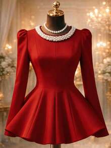 Franclia 大码女式珍珠领衬衫，优雅白衬衫，奢华时尚上衣 - 紅色 - 查看 8