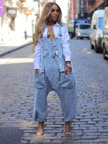 Slaydiva Bộ áo liền quần denim không tay dáng rộng, thời trang thường ngày dành cho nữ, thích hợp cho mùa hè. - Rửa nhẹ - Xem 9