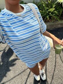 Muchica Women's Blue And White Striped Round Neck Short Sleeve T-Shirt - Blue and White - View 3