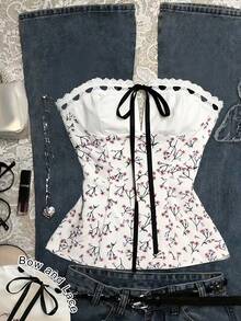 Airaco Áo hai dây ngắn kiểu dáng thanh lịch họa tiết hoa nhí thắt nơ phía trước dành cho nữ, thích hợp cho mùa hè. - trắng - Xem 2