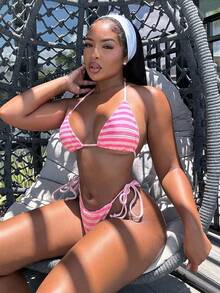 Alexandranx Women's Striped Halter Neck Bikini Set For Summer Beach, Separates - Pink - View 6