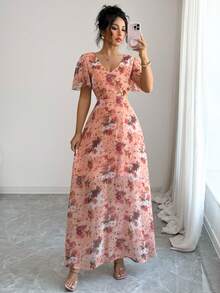 Elenzga Women's V-Neck Floral Print Dress - Orange - View 3