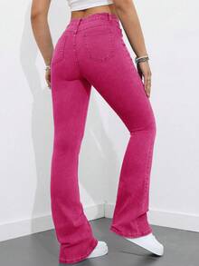 SHEIN EZwear 大码女式弹力喇叭牛仔裤，高腰复古水洗显瘦喇叭裤腿牛仔套装 - 玫紅色 - 查看 2