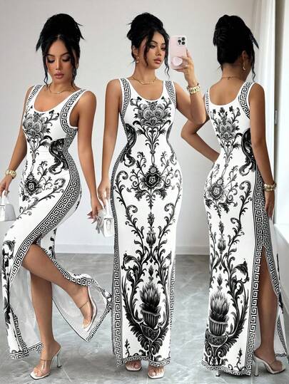 SHEIN Elenzya Exquisite Printed Chinoiserie Waist-Cinching Slit Luxurious Retro Middle Eastern UAE Style Robe, Tight Fit, Multi-Color, Sleeveless, High-Quality Material Luxury Dresses For Women Best Selling Dresses Club Outfits For Women Dress Long Dresses For Women Bodycon