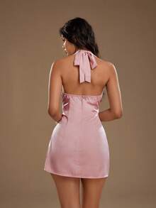SHEIN PETITE 春夏粉色时尚休闲通勤女式深V吊带露背修身A字迷你连衣裙，适合休闲派对、约会、娇小身材 - 粉色 - 查看 2