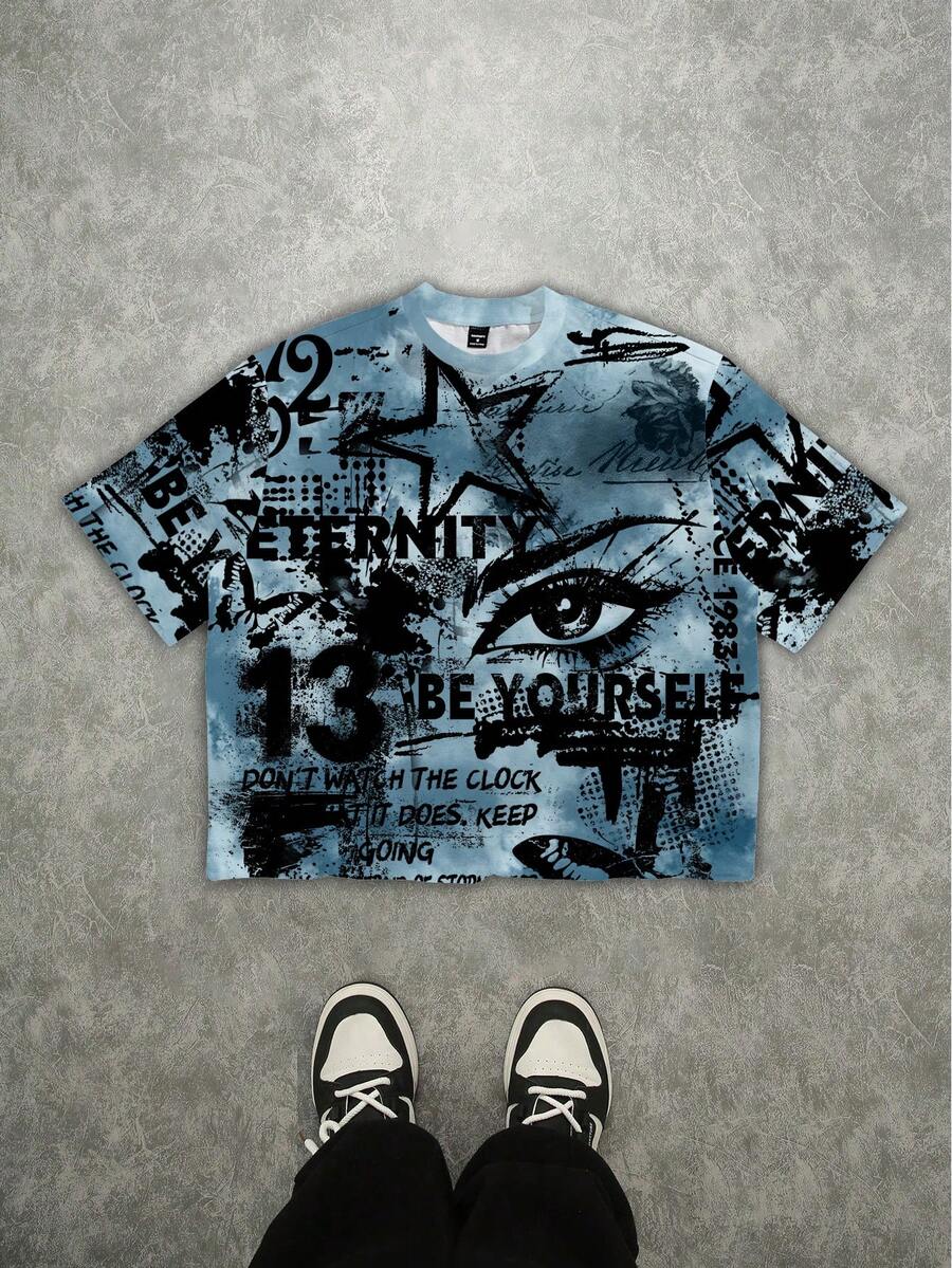 Manfinity Roghcode Áo thun nam dáng rộng in họa tiết, tay lửng - Màu xanh lam - Xem 1