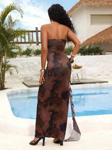 Lureya Damen Mode trägerloses figurbetontes sexy enges Kleid, Blumen Batik Rüschen Saum abstraktes Muster Schlitzkleid, geeignet für Frühling/Sommer Urlaub - Verschiedenfarbig - Übersicht 2