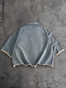 AXEPEAK Chaqueta de moda con decoración de aplicaciones lavada para hombres de talla grande - Azul - Ver 2