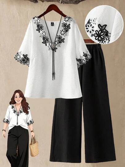 SHEIN LUNE CURVE Bộ đồ 2 món dành cho nữ cỡ lớn: Áo tay ngắn cổ chữ V dáng rộng, chất liệu cotton pha lanh, phối ren tương phản, kèm quần cạp chun thoải mái.