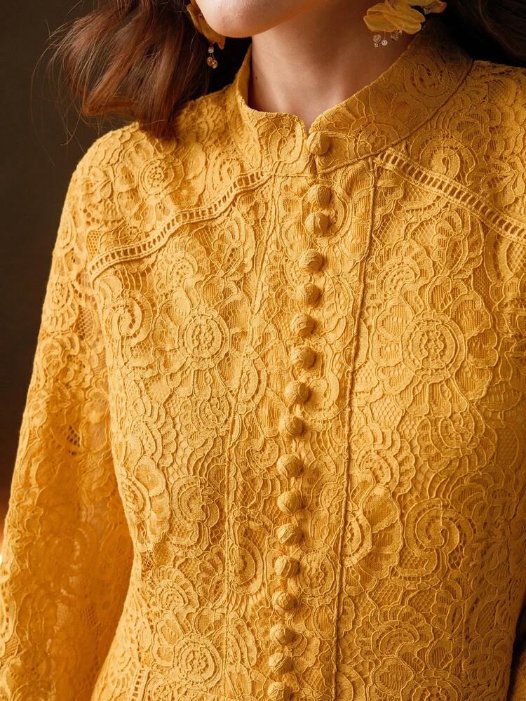 Women's Long Sleeve Lace A-Line Dress, Elegant Summer Long Dress, Yellow