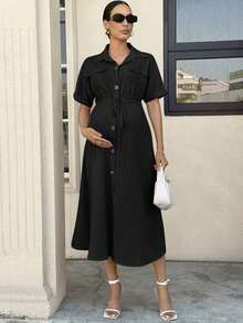 MaterniWear 孕妇纯色打结腰身休闲简约连衣裙，适合派对和外出穿着，女士休闲连衣裙，Zanea连衣裙，Bubu连衣裙 - 黑色 - 查看 1