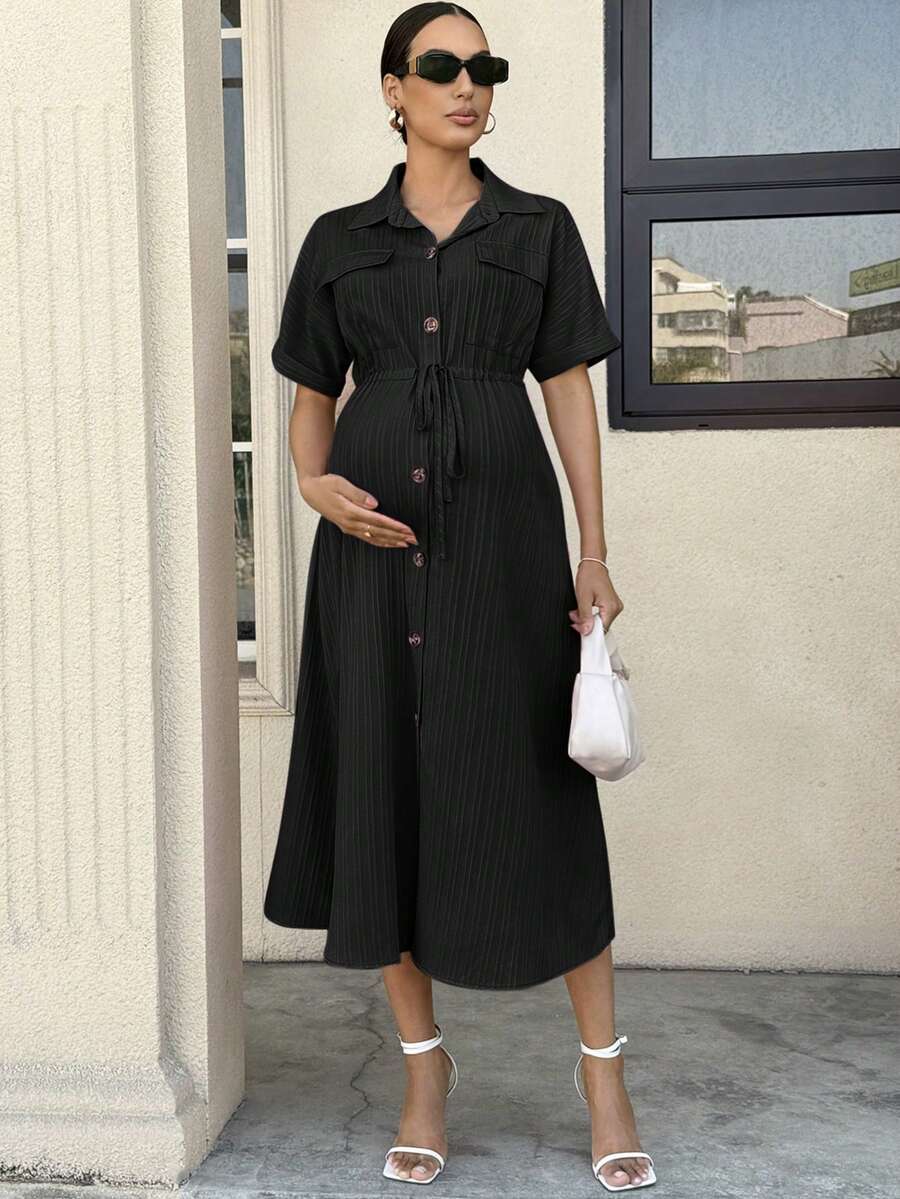 MaterniWear 孕妇纯色打结腰身休闲简约连衣裙,适合派对和外出穿着,女士休闲连衣裙,Zanea连衣裙,Bubu连衣裙 - 黑色 - 查看 1