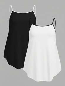 SHEIN EZwear 2pcs/Set Plus Size Basic Solid Color Black & White Contrast Strap Camisole Tops, Summer - Multicolor - View 1