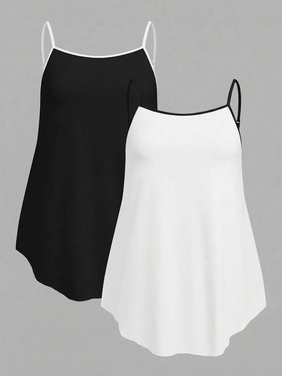 SHEIN EZwear 2pcs/Set Plus Size Basic Solid Color Black & White Contrast Strap Camisole Tops, Summer - Multicolor - View 1