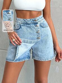 PLUS LIGHT WASH BUTTONS DETAIL SHORT SKIRT - Light Wash - View 2