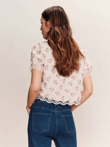 lacRébo 白色花卉刺绣泡泡袖上衣，蕾丝细节，波西米亚法式风格，度假上衣，外出上衣，春夏款 - 彩色 - 查看 2