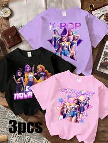 3件装女童卡通K-POP女孩图案T恤，女团风格印花紫色、黑色、粉色T恤，适合夏季穿着 - 粉色 - 查看 1