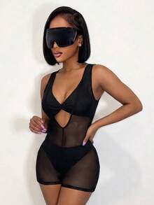 BamGleam Women's Mesh Patchwork Casual Everyday Romper See Through Jumpsuit Bodysuit For Women Romper See Through Romper Mesh Bodysuit, Summer , Summer Clothes  , Summer Outfits For Women , Summer Outfits ,  Summer Outfit For Women ,Vacation Outfits Women - Black - View 8