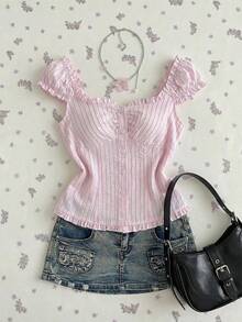 Elamini Women's Pink Ruffle Trim Fitted Casual Vacation Striped Shirt - Pink - View 4