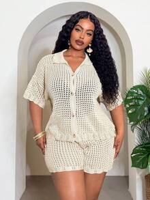 Veslaya Women's Plus Size Beige Summer Boho Vacation Holiday Knitted Two Pieces Outfit,Loose Short Sleeve Shirt Top And Shorts Set,Beach Music Festival Party - Apricot - View 6