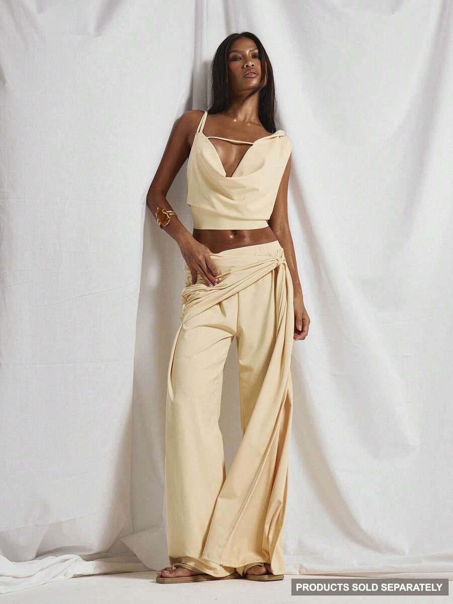 MUSERA Overlayed Ruched Knotted Skirt Wide Leg Flowy Trouser Coord Bottoms Only Cute Holiday Sexy Night Out Vacation Spring Summer Elegant Soleil Drape Beach - Light Yellow - View 1