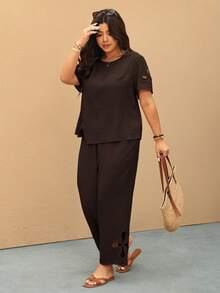 Elaquor Plus Size Solid Color Minimalist Daily Wear Round Neck Short Sleeve Top And Pants 2 Pieces Set - Brown - View 6
