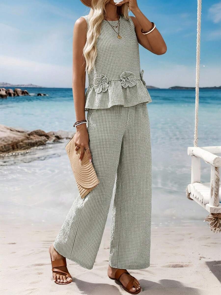 Sylviya 女士两件套夏季服装，适合度假穿着，包括外出上衣、格纹夏季套装、薄荷绿夏季套装、鼠尾草绿春季套装、休闲沙滩装。 - 綠色 - 查看 1