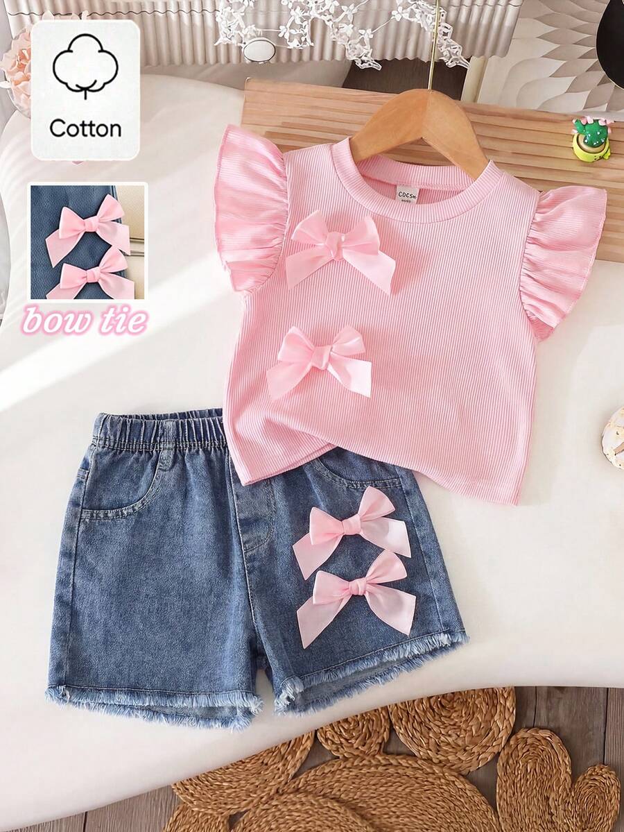 SHEIN Playful Pals 2pcs/Set Young Girls Summer Casual Outfit,Light Pink Ribbed Sleeveless T-Shirt With 3D Ribbon Bow Decor & Blue Denim Shorts,School Cute Clothes Set - Pink - View 1