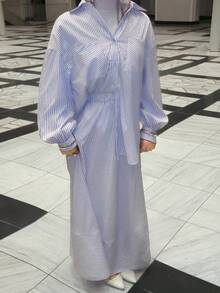 Solavon 女士条纹单排扣长袖上衣和半裙休闲两件套 - 彩色 - 查看 6