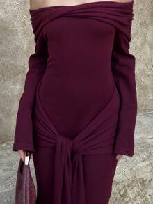 BiaLiraa Fall Winter Party Dinner Banquet Modest Old Money Coquette Glitter Holiday Party Rave Festival Outing Vacation Hot Outdoor Richly Layered Wedding Season Banquet Coming Of Age Ceremony Off Off Shoulder Flare Sleeve Waist Cinched Ruched Tie-Knot Maxi Sweater Dress For Women Luxury Prom ID Al-Adha Al-Adha Party New Year - Burgundy - View 5