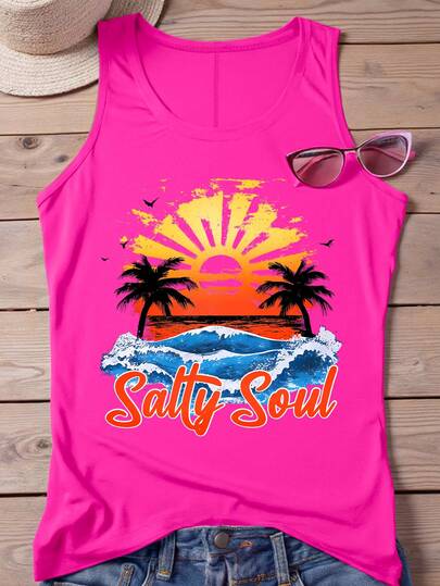 SHEIN LUNE Plus Size Women Summer Casual Beach Vacation Tropical Letter Print Camisole