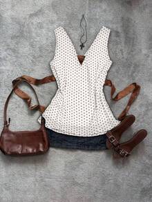 Glimmora Áo croptop phong cách retro Y2K chấm bi cổ chữ V sâu, thắt eo bằng dây buộc, áo kiểu không tay bằng vải satin phối nhiều mảnh gợi cảm dành cho nữ. - màu nâu - Xem 2