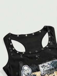 ROMWE Grunge Punk Grunge风格做旧复古朋克金属铆钉刺绣紧身女式背心 - 黑色 - 查看 3