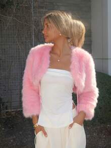 Sydney Algeri Sexy & Cute White Christmas Faux Fur Shawl Jacket, Autumn/Winter - Baby Pink - View 1